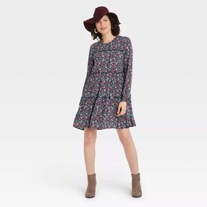 Knox Rose Long-Sleeved Dark Blue Floral Shift Dress
